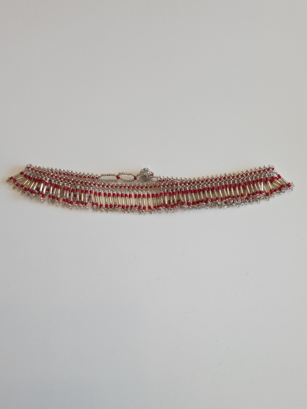 Vintage Red Glass Bugle Bead Fringe 15" Choker Necklace